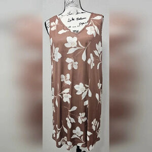 Bon Apple Tea Coffee & White Floral Pocket Sleeveless V Neck Shift Dress Size S